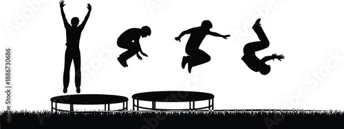 Black silhouette of active boys jumping and doing backflips on trampolines in a grassy field meadow isolated on a clean white background (23 words)