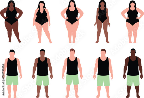 Diverse male and female body types illustration, inclusive people figures in swimwear, different shapes skin tones, flat vector characters set for health design