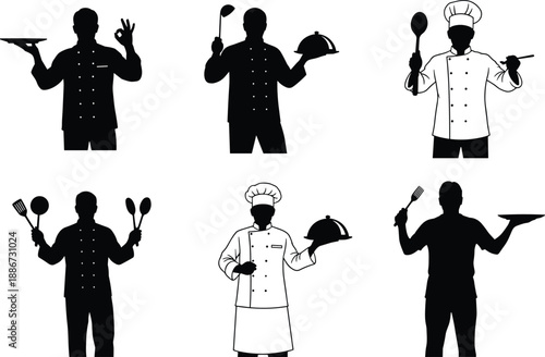 Collection of black and white chef silhouettes holding kitchen utensils and serving trays isolated on white background for restaurant logo and culinary menu design (25 words)