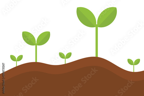 Green plant growth illustration. Seedlings sprouting from soil. Nature agriculture and ecology concept. Farming sustainability and environment vector illustration
