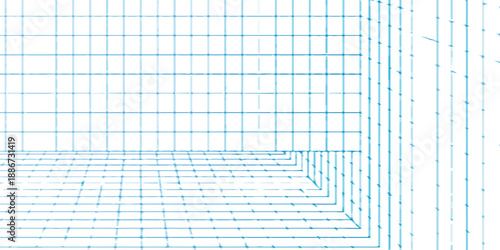 futuristic interior perspective filled with cyan grid lines and right-angled corners. This abstract composition emphasizes structure, symmetry, and order,