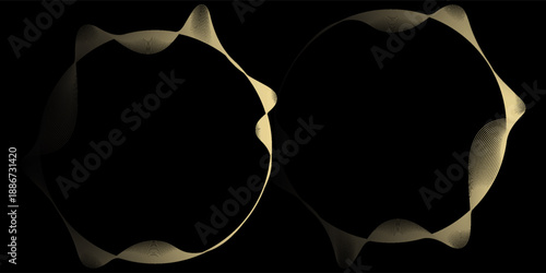 Abstract circle wave lines, gradient light equalizer gold wavy curve. Round frame in luxury golden color isolated on black background. Editable stroke. Vector illustration with copy space