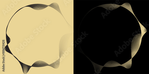 Abstract circle wave lines, gradient light equalizer gold wavy curve. Round frame in luxury golden color isolated on black background. Editable stroke. Vector illustration with copy space