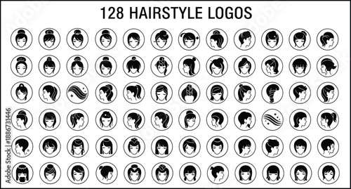 Hairstyle logo icons collection, women hair silhouettes set with bun ponytail bob styles, beauty salon branding elements, black and white vector illustration pack