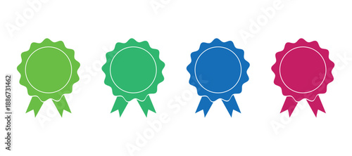 Colorful award ribbon badges set. Round rosette seals with ribbon tails. Achievement quality and approval symbols. Certificates, branding, promotions, and business vector illustration