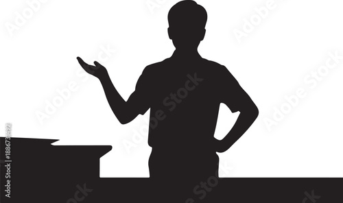 Silhouette of person speaking at podium with hand raised