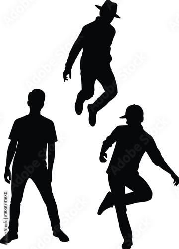 Hip hop dancer silhouettes illustration, street dance jumping and freestyle poses, urban male performer action movements, dynamic black vector set isolated