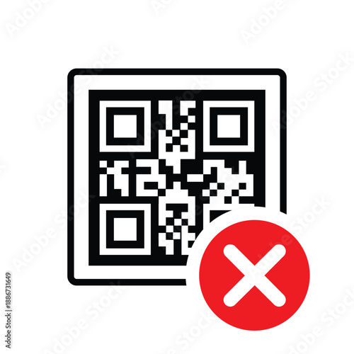 QR code with a red 'X' cross mark icon. Vector graphic representing a failed scan, invalid link, denied digital payment, or error during mobile transaction on a clean white background.