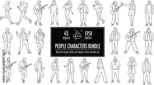 Hand drawn people characters bundle illustration, casual men and women musicians dancers walking poses, sketch style outline vector set for creative design