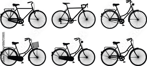 Set of vintage city bicycle silhouettes featuring classic retro lady bikes and road bicycles with baskets and carriers isolated on white background vector