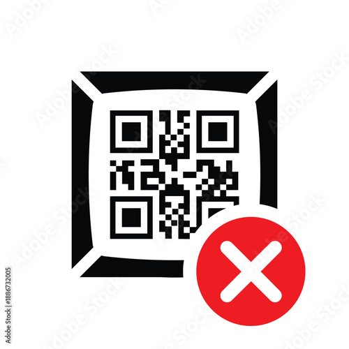 QR code with a red 'X' cross mark icon. Vector graphic representing a failed scan, invalid link, denied digital payment, or error during mobile transaction on a clean white background.