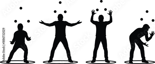 Juggling silhouettes set, male street performer balancing balls, black and white human figures in dynamic poses, circus juggling vector illustration collection