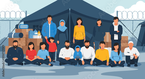 Refugee Family In Tent Camp - Vector Illustration Of People Seeking Shelter During Crisis