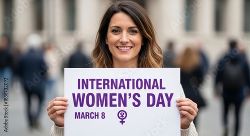 Wallpaper Mural Smiling woman holding International Women's Day sign on March 8th in a busy street environment Torontodigital.ca