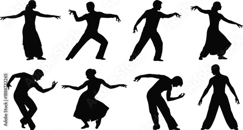 Modern dance silhouettes collection, expressive male and female dancers performing contemporary choreography poses, artistic movement black vector illustration isolated on white background