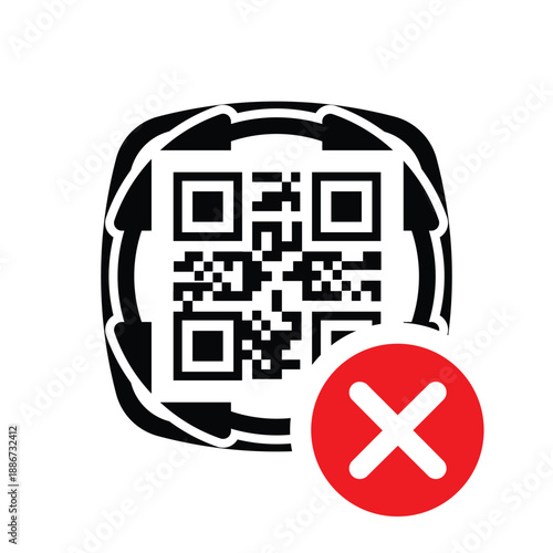QR code with a red 'X' cross mark icon. Vector graphic representing a failed scan, invalid link, denied digital payment, or error during mobile transaction on a clean white background.