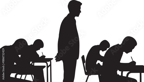 Silhouette of students writing at desks with standing teacher