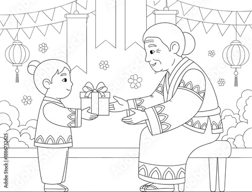 Heartwarming moment of gift giving between smiling child and elderly person