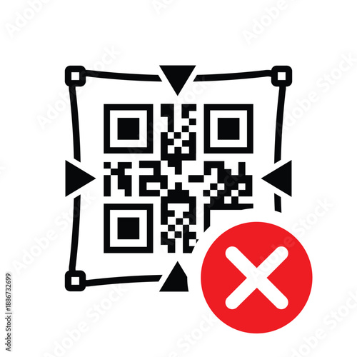 QR code with a red 'X' cross mark icon. Vector graphic representing a failed scan, invalid link, denied digital payment, or error during mobile transaction on a clean white background.