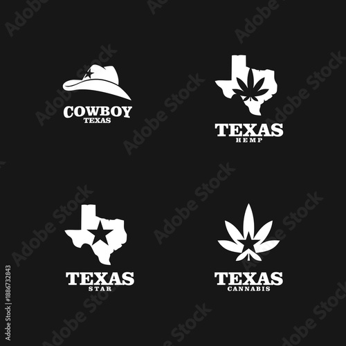 Texas State Map, Cowboy Hat, Lone Star, and Cannabis Leaf Logo Designs Collection