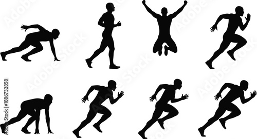 Running athlete silhouettes illustration, sprint start jump and speed action poses, dynamic male fitness training movements, competitive sport black vector set