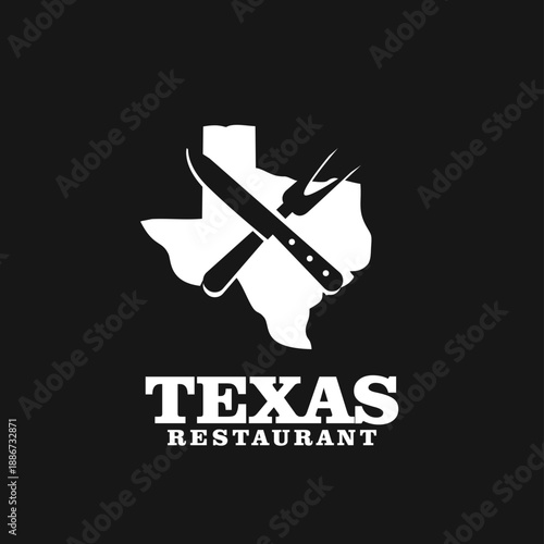 Texas Restaurant Logo featuring a Map Outline, Crossed Butcher Knife, and Meat Fork, ideal for Barbecue and Steakhouse Cuisine Branding