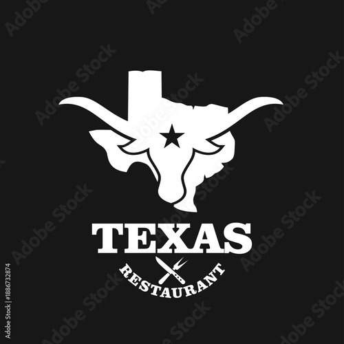 Texas Restaurant Logo with Longhorn Bull Head, State Map Silhouette, and Crossed Utensils in Western Style