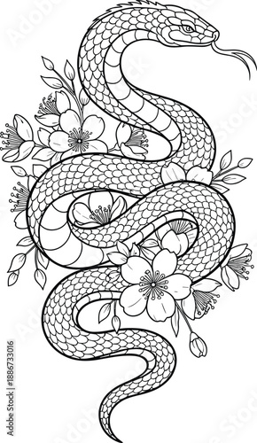 Snake wrapped around flowers and leaves in a beautiful illustration