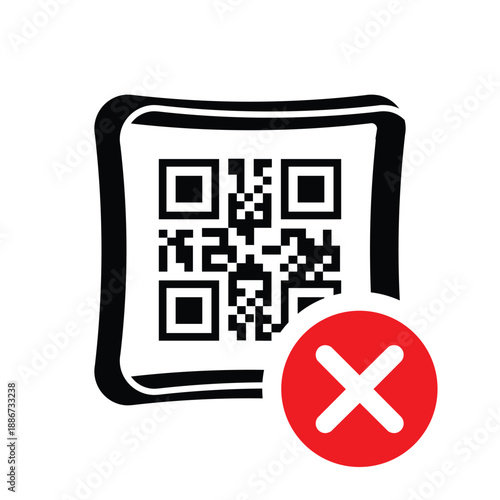 QR code with a red 'X' cross mark icon. Vector graphic representing a failed scan, invalid link, denied digital payment, or error during mobile transaction on a clean white background.