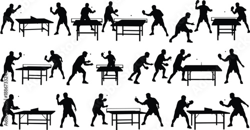 Table tennis player silhouettes collection, ping pong match action poses, competitive sport movement sequence, black human silhouettes vector set isolated on white background