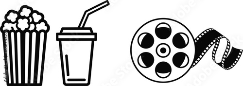 Cinema movie theater vector icons set, popcorn box with soda drink, film reel strip silhouette