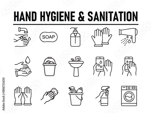 Sanitation and Hygiene Line Icons | Cleaning Process Vector