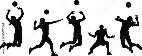 Volleyball player silhouettes illustration, athletes jumping and spiking ball in action poses, competitive team sport movement, dynamic black vector set isolated