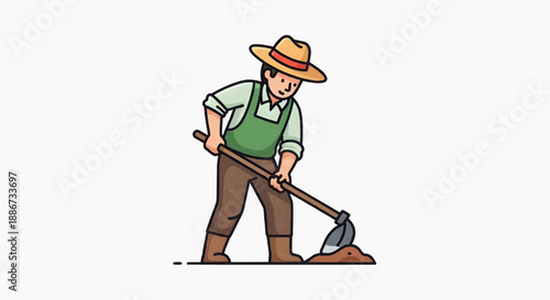 Farmers working hoeing the rice fields in illustration style 