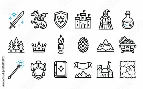 Medieval Fantasy Adventure Linear Vector Icons Set