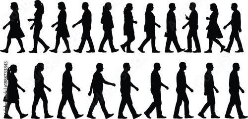 Walking people silhouettes collection, men and women side view walking poses, daily life movement sequence, black human silhouettes vector set isolated on white background