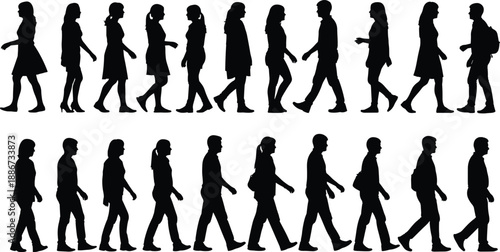 Walking women silhouettes collection, female side view walking poses, everyday lifestyle movement sequence, black human silhouettes vector set isolated on white background