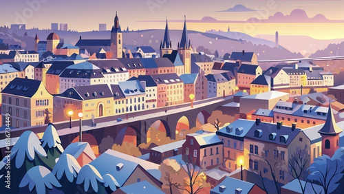 Very beautiful aerial view of Luxembourg City on a winter morning, featuring soft light, quiet streets, and layered rooftops creating a peaceful and atmospheric European cityscape.