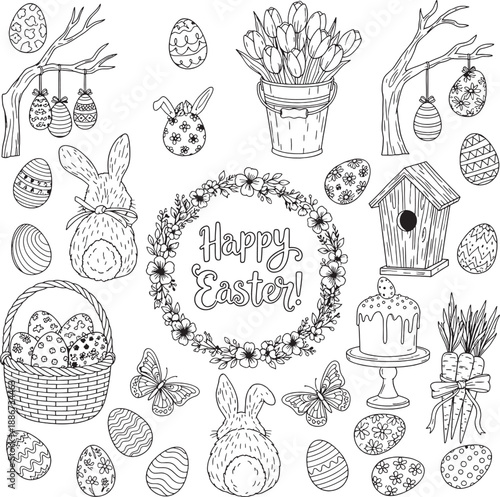 Happy Easter Coloring Pages And Vector Line Art Set