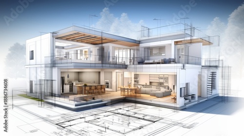 vision of architecture of a 3d model house project with blueprint