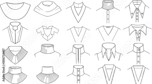 Fashion collar and neckline collection, line art vector illustration, clothing design elements, shirt collar styles, sewing pattern reference, minimal outline