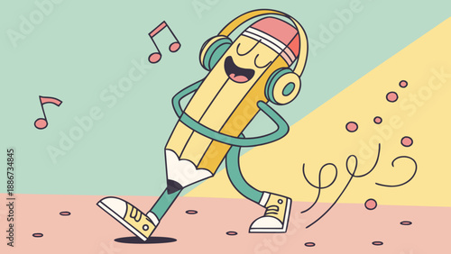 Cartoon drawing of a pencil with headphones, dancing to music in a young and modern style.
