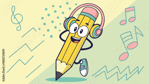 Cartoon drawing of a pencil with headphones, dancing to music in a young and modern style.