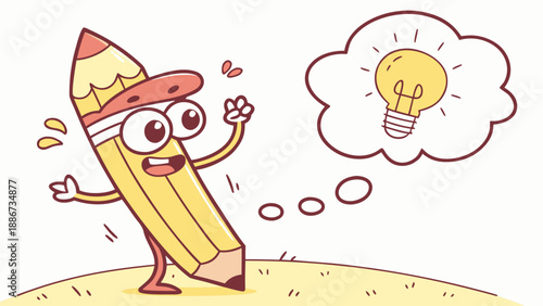 Animated cartoon pencil holding a lit lamp, animated expression of "idea," concept of creativity and innovation.