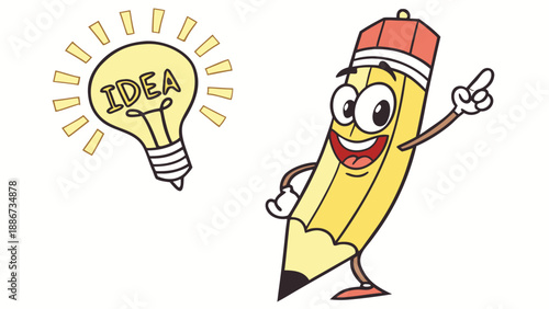 Animated cartoon pencil holding a lit lamp, animated expression of "idea," concept of creativity and innovation.