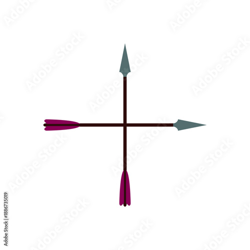 Two crossed bow arrows. Colorful flat style. Vector isolated illustration on white background.