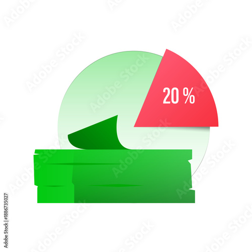 Minimal vector illustration circular chart with 20 percent cut and money. emergency fund allocation, budgeting strategy, savings ratio, personal financial planning. Clean and simple design for finance
