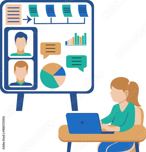 Flat vector illustration of team managing workflow on screens girl woman