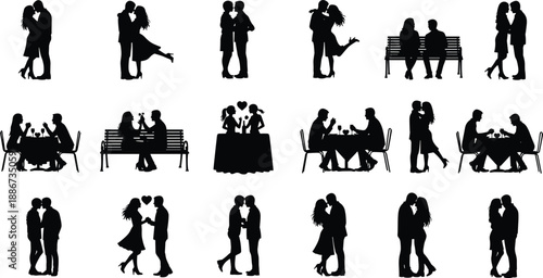 Romantic couple silhouettes in love moments, dating dining kissing hugging scenes, black and white vector illustration set collection for stock