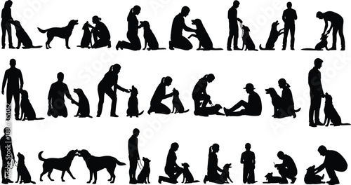 Silhouette, people with dogs, training, walking, petting, playing, companionship, obedience, leash activity, black background, human dog interaction